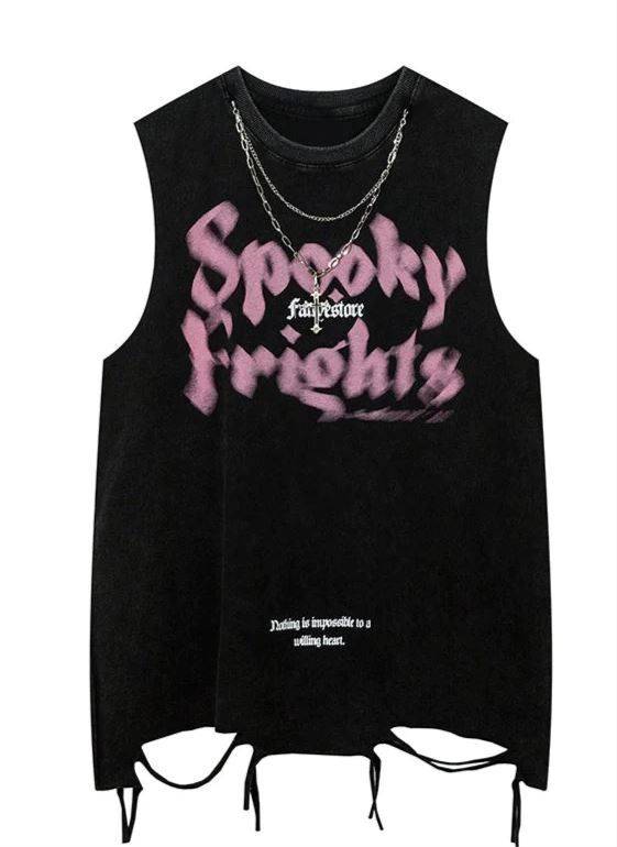 Chakota Wear | Camiseta sin Mangas Grunge Negra con Gráfico Rosa